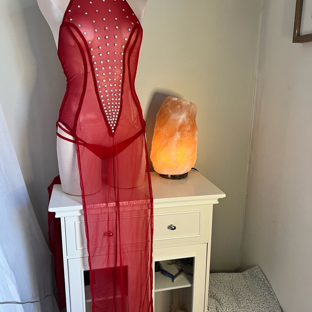 Elegant Red Sheer Nightgown with Pearl Accents